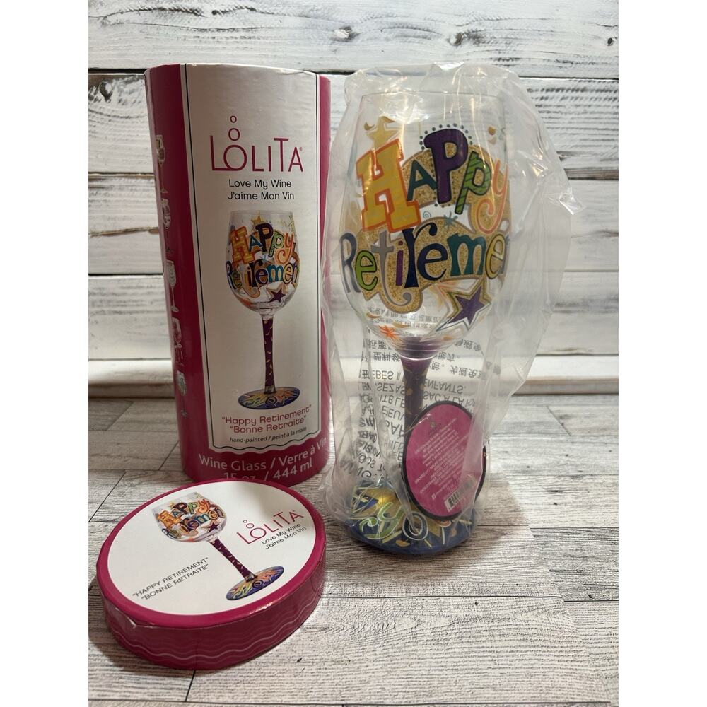 Lolita Love My Wine Happy Retirement Hand Painted Wine Glass New In Box